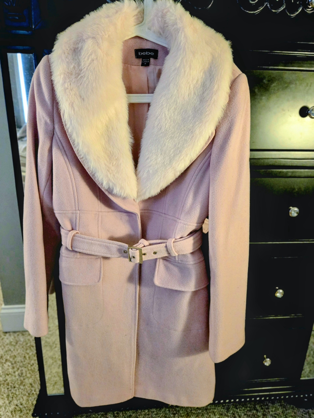 bebe Light Pink Wool-Blend Coat with Cream Faux-Fur Collar